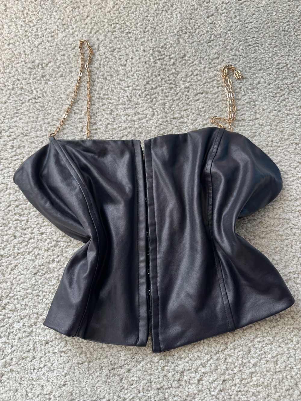 Chocolate Black Faux Leather Corset Top with Gold Chain Straps